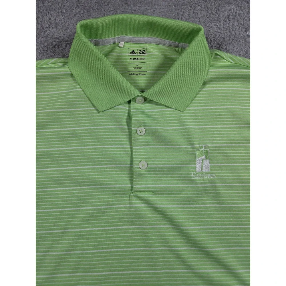 Adidas Golf Polo Shirt M Green Men Striped Climalite Ravines Logo Short Sleeve